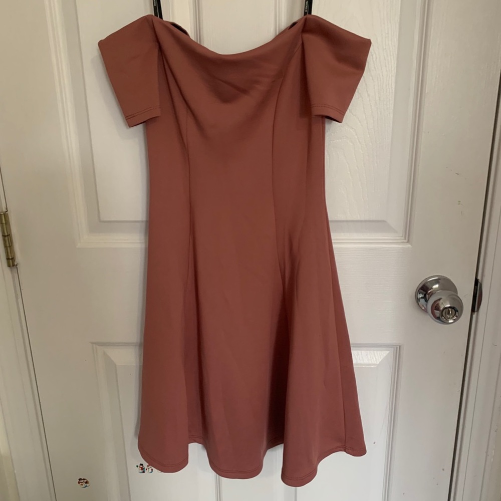 off the shoulder rose colored dress